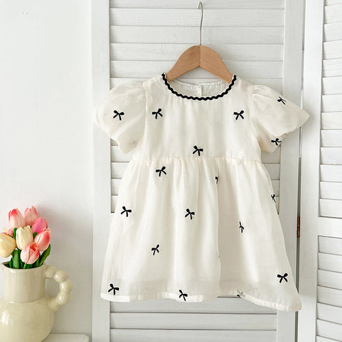 Summer Baby Kids Girls Butterfly Bows Pattern Short Sleeves Crew Neck